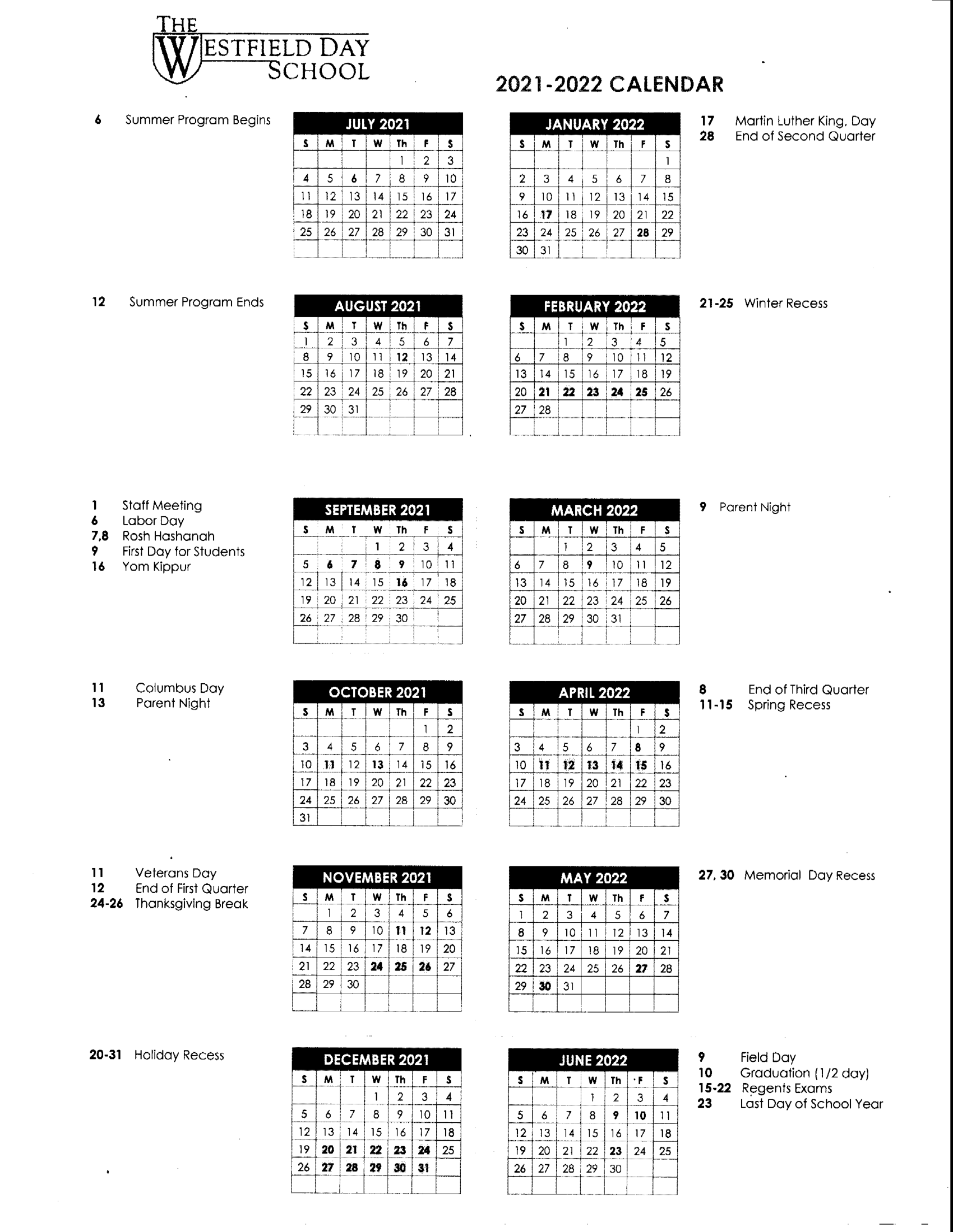 School Calendar The Westfield Day School